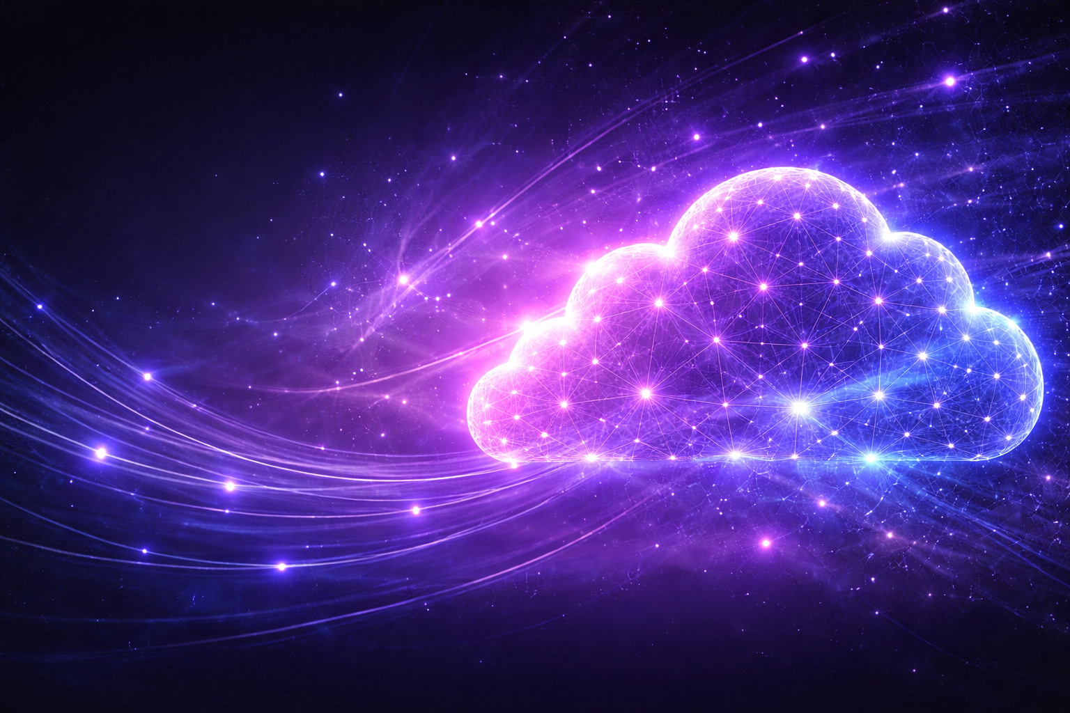 Žiarivý cloudový vizuál so sieťovými líniami v purpurových tónoch.
